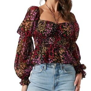 ASTR the Label Bloomfield Floral Halter Long Sleeve Smocked Crop Top